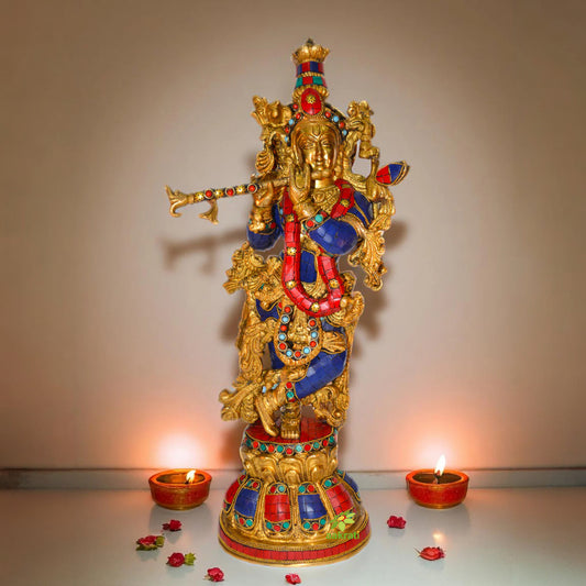 Large Flute Krishna Statue Hindu God Religious Figurine Idol Turquoise Handwork