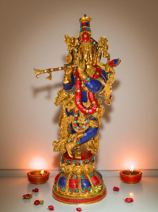 Large Flute Krishna Statue Hindu God Religious Figurine Idol Turquoise Handwork