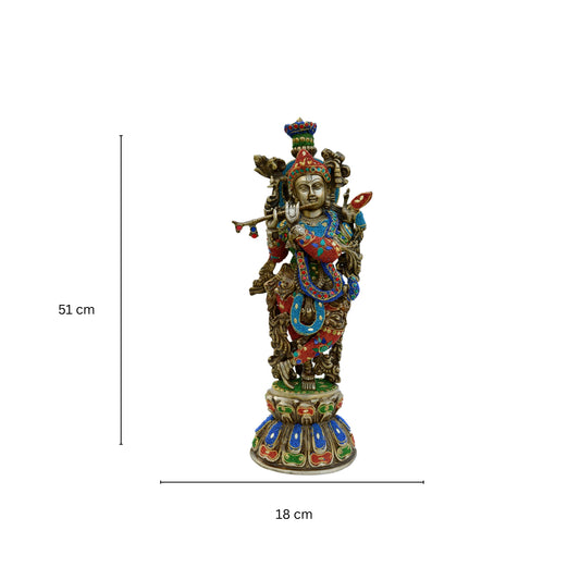 Krishna Statue in Brass with Stonework, 51CM Big Large Size Krishna Brass Idol, Bhagwan Temple Mandir Altar Hindu Religious Home