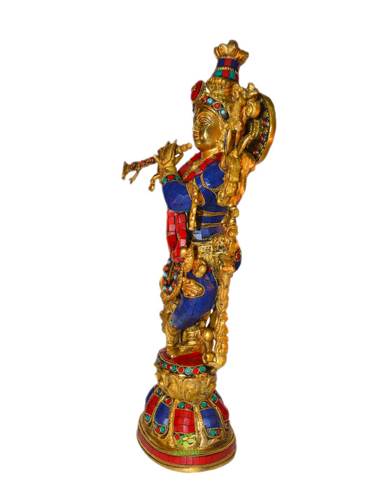 Large Flute Krishna Statue Hindu God Religious Figurine Idol Turquoise Handwork