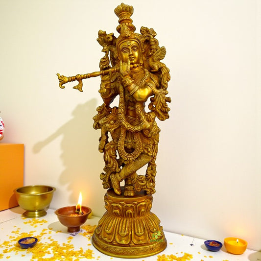 Handcrafted Brass Krishna Murti | Aesthetic Idol for Your Sacred Space | Brass Krishna Murti ( Yellow, 20 inch)