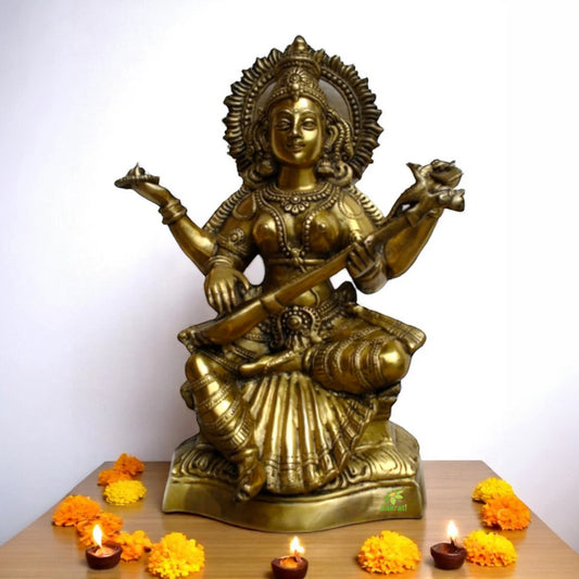 Goddess Saraswati Brass Statue Holdind Veena