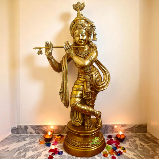 Premium Brass Krishna Murti | Spiritual Idol for Living Room and Temple | Brass Krishna Murti ( Yellow, 37 inch)