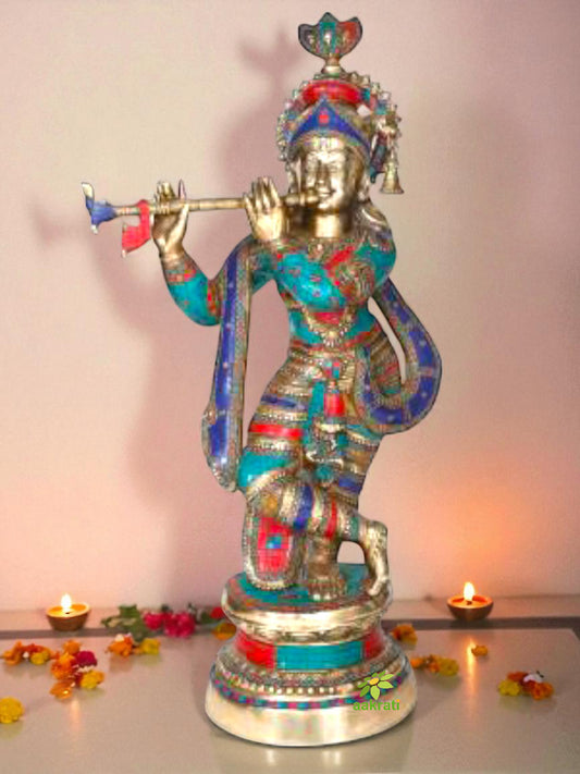 Krishna Brass metal Hand made stone work finish Religious figure