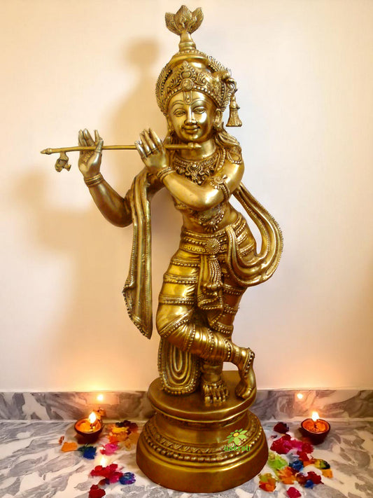 Premium Brass Krishna Murti | Spiritual Idol for Living Room and Temple | Brass Krishna Murti ( Yellow, 37 inch)