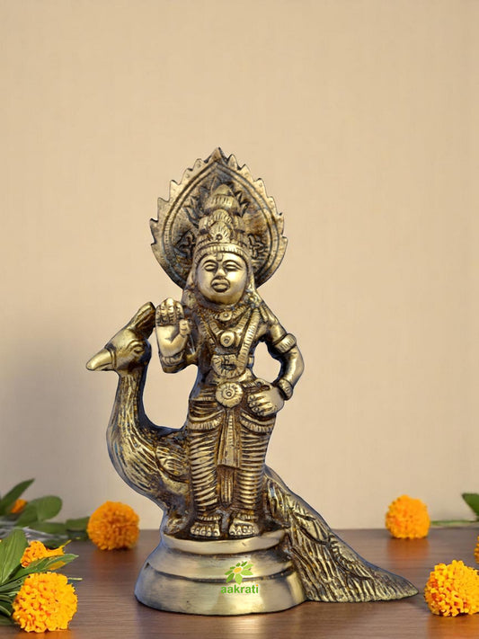 Brass Murugan Kartikeya Idol | Spiritual Symbol of Strength and Blessings | Handmade Brass Kartikeya Murti ( Brown, 7 inch)