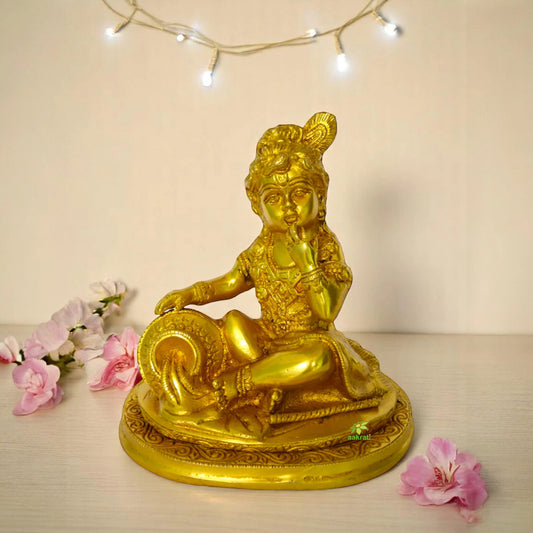 Krishna Laddo Gopal in Brass | Brass Krishna Idol for Your Festival Celebrations | Brass Krishna Laddo Gopal Idol ( Yellow, 7.5 inch)