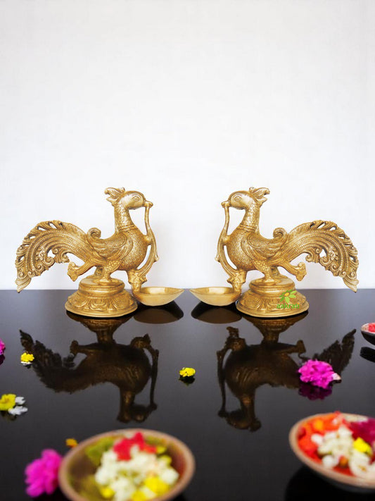 Brass Bird Shaped Diya Pair | Perfect for Diwali and Festival Home Decoration | Handmade Brass Bird Diya Set ( Yellow, 9 inch)