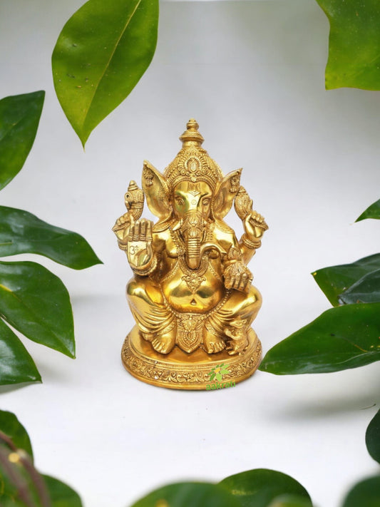 Brass Ganesha Idol | Perfect for Pooja Room and Home Temple Decoration | Handmade Brass Ganesha Statue ( Yellow, 15.5 inch )