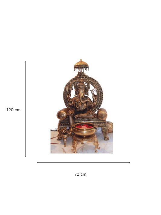 Brass Made Lord Ganesha Statue Sitting on Throne (Without Flower Pot)