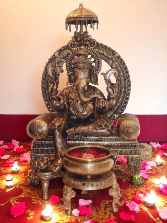 Brass Made Lord Ganesha Statue Sitting on Throne (Without Flower Pot)