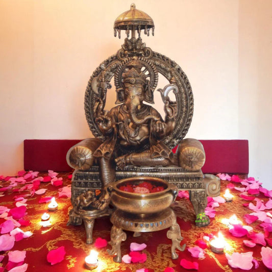 Brass Made Lord Ganesha Statue Sitting on Throne (Without Flower Pot)