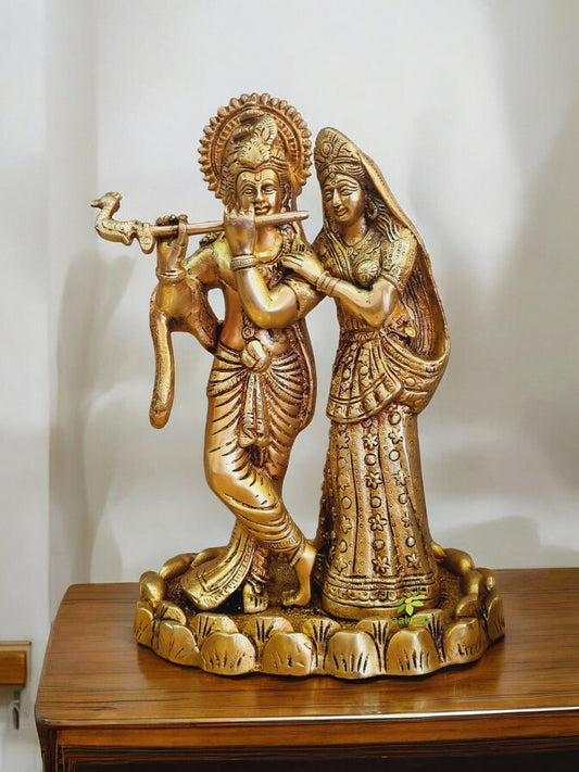 Divine Brass Radha Krishna Idol | A Symbol of Divine Love and Protection | Brass Radha Krishna Murti ( Yellow, 11 inch)