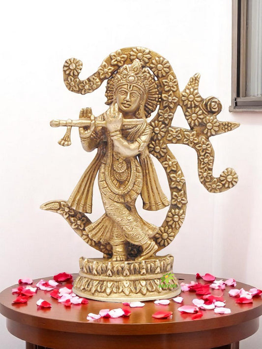 Lord Krishna Statue Playing Flute with Symbol of Om Made of Brass