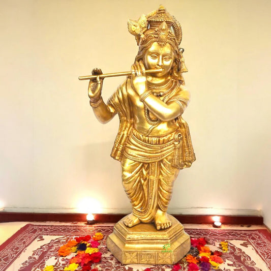Handmade Brass Krishna Statue | Perfect for Home Temple and Pooja Room | Brass Krishna Murti ( Yellow, 31.5 inch)