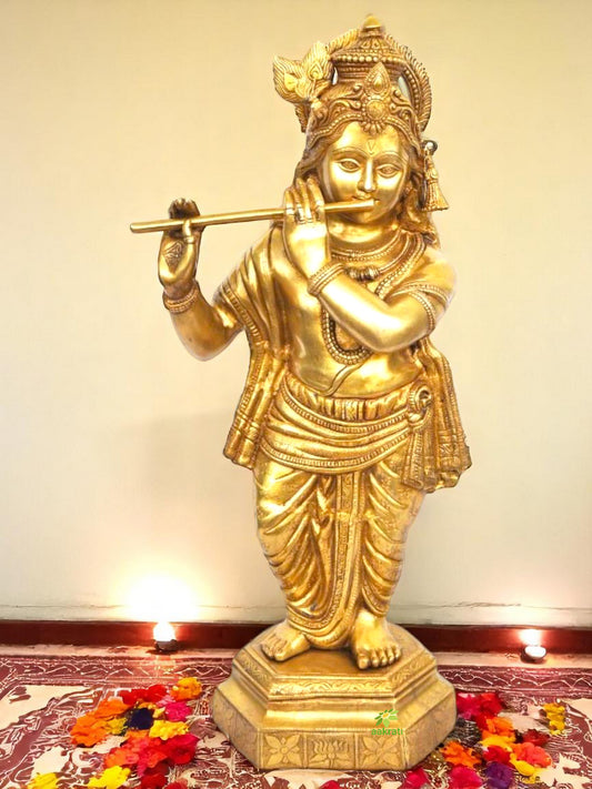 Handmade Brass Krishna Statue | Perfect for Home Temple and Pooja Room | Brass Krishna Murti ( Yellow, 31.5 inch)