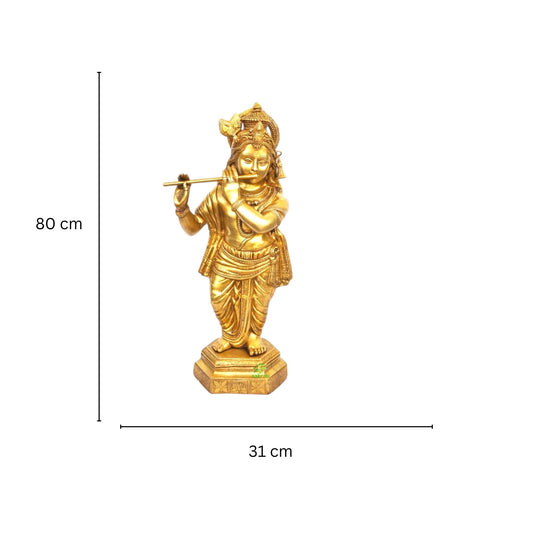 Handmade Brass Krishna Statue | Perfect for Home Temple and Pooja Room | Brass Krishna Murti ( Yellow, 31.5 inch)