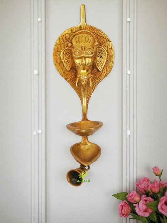 Handcrafted Brass Ganesha Wall Lamp | Traditional Oil Lamp for Home Blessings | Brass Ganesha with Diya Wall Hanging ( Yellow, 13 inch)