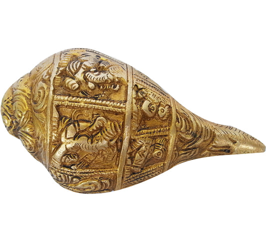 Brass Shankh with Ganesha Engraving | Divine Home Decor & Blessing | Antique Brass Religious Shankh ( Yellow, 5 inch)