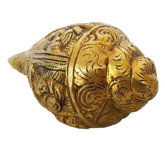 Brass Shankh with Ganesha Engraving | Divine Home Decor & Blessing | Antique Brass Religious Shankh ( Yellow, 5 inch)