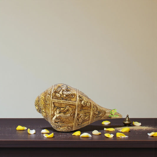 Brass Shankh with Ganesha Engraving | Divine Home Decor & Blessing | Antique Brass Religious Shankh ( Yellow, 5 inch)