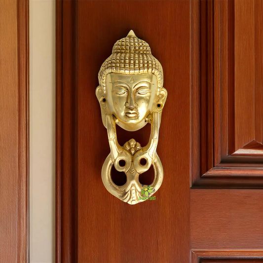 Aakrati Door Hardware Fitting with Lord Buddha in Yellow Antique Finish 20 cm Long Functional Door Knocker for Your Home Door and Decoration.