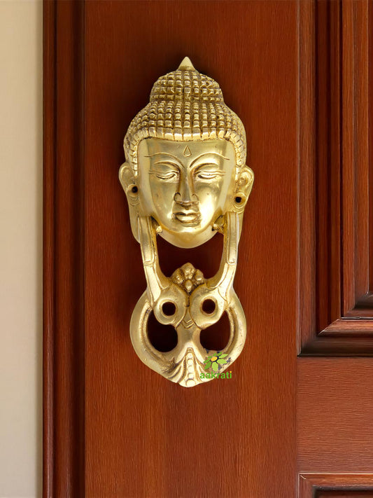 Aakrati Door Hardware Fitting with Lord Buddha in Yellow Antique Finish 20 cm Long Functional Door Knocker for Your Home Door and Decoration.