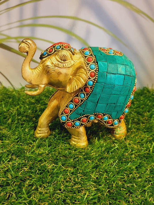 Trunk up Elephant Figurine with Turquoise Gemstones Handwork