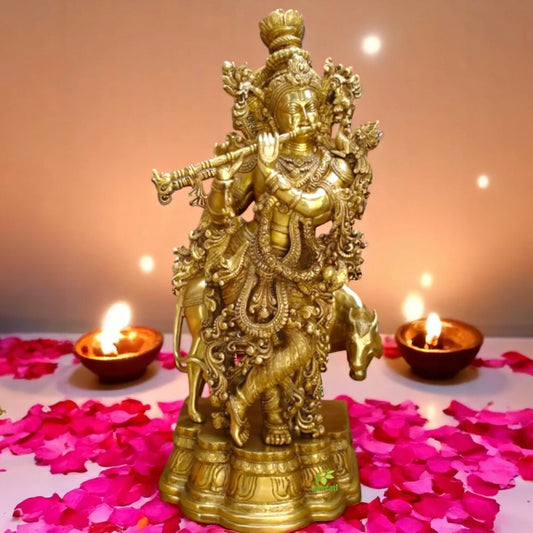 Krishna Playing Flute with cow Made of Brass