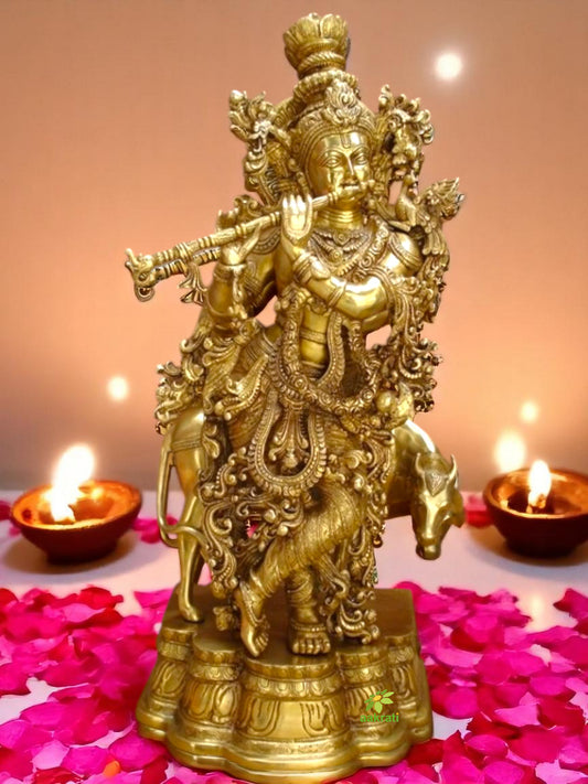 Krishna Playing Flute with cow Made of Brass
