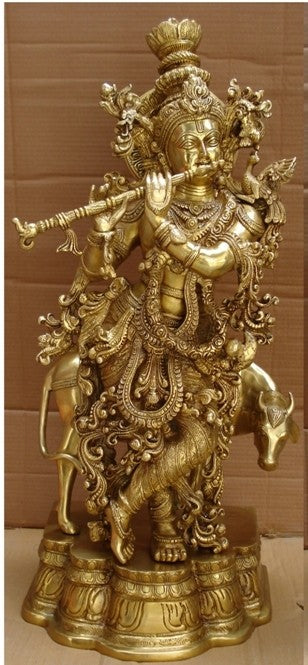 Krishna Playing Flute with cow Made of Brass