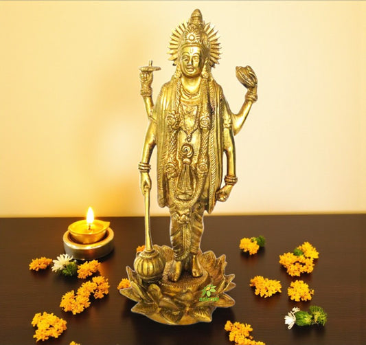 Handmade Brass Vishnu Murti | Divine Light and Protection for Your Home | Brass Religious Vishnu Murti ( Yellow, 11 inch)