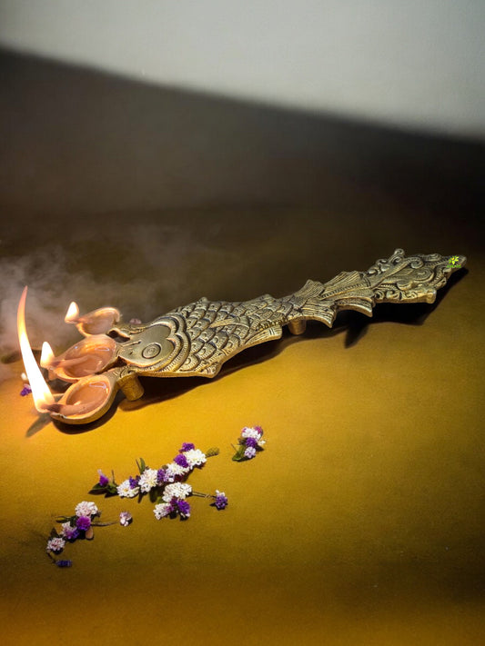 Traditional Brass Fish Shape Pooja Spoon | Handcrafted Spoon for Spiritual Rituals | Brass Ritual Spoon ( Yellow, 10 inch)