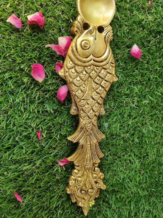 Handmade Brass Spoon | Traditional Spoon for Pooja Room and Ritual Offerings | Brass Pooja Spoon ( Yellow, 10 inch)