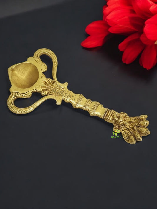 Handmade Brass Hawan Spoon | Essential Spiritual Tool for Pooja and Hawan | Brass Ritual Spoon ( Yellow, 8 inch )