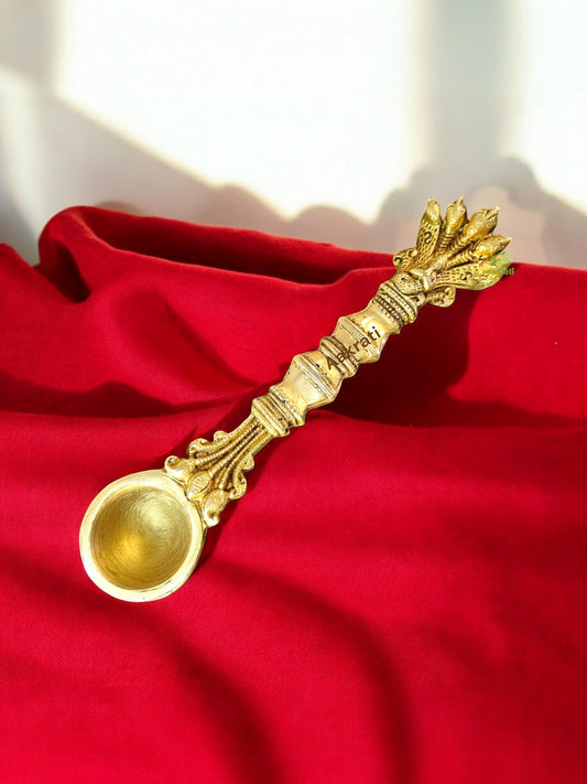 Brass Handmade Pooja Spoon | Traditional Spiritual Spoon for Home Temple and Rituals | Brass Ritual Spoon ( Yellow, 8 inch)