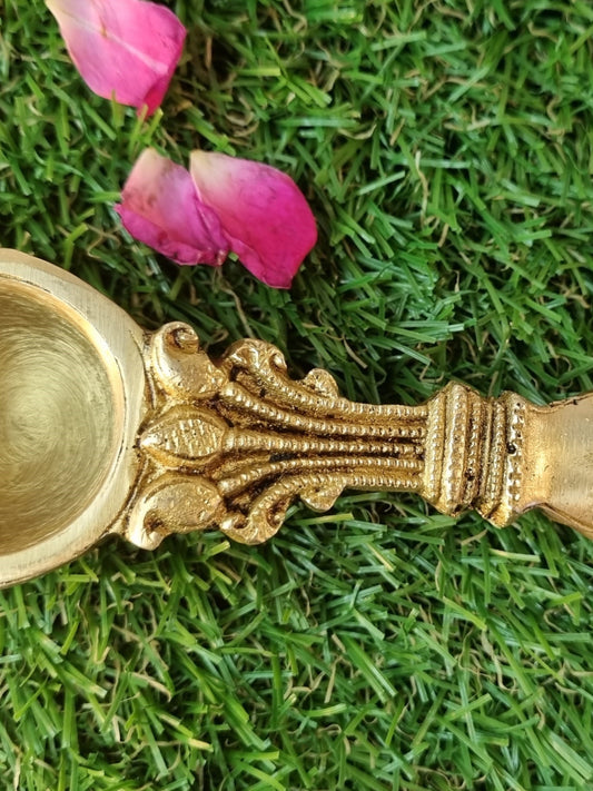 Brass Handmade Pooja Spoon | Traditional Spiritual Spoon for Home Temple and Rituals | Brass Ritual Spoon ( Yellow, 8 inch)