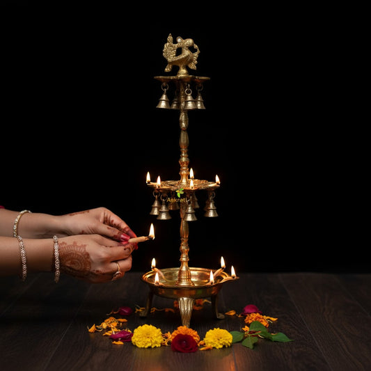 Premium Brass Diya Stand | A Beautiful Addition to Your Festival Decor | Brass Diya Holder for Pujas ( Yellow, 28 inch)