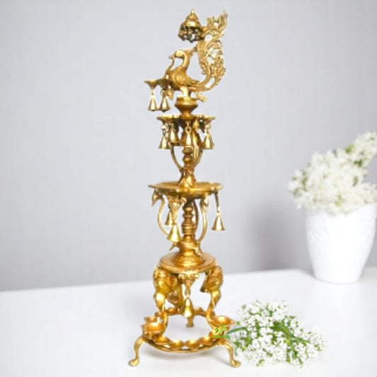 Antique Brass Diya Stand | Traditional Home Decor for Religious Festivals | Festive Brass Diya Stand ( Yellow, 40 inch)
