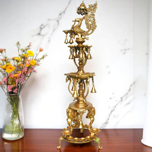 Elegant Brass Peacock Diya Stand | Premium Decor for Festivals and Special Occasions | Handcrafted Brass Peacock Oil Lamp ( Yellow, 40 inch)