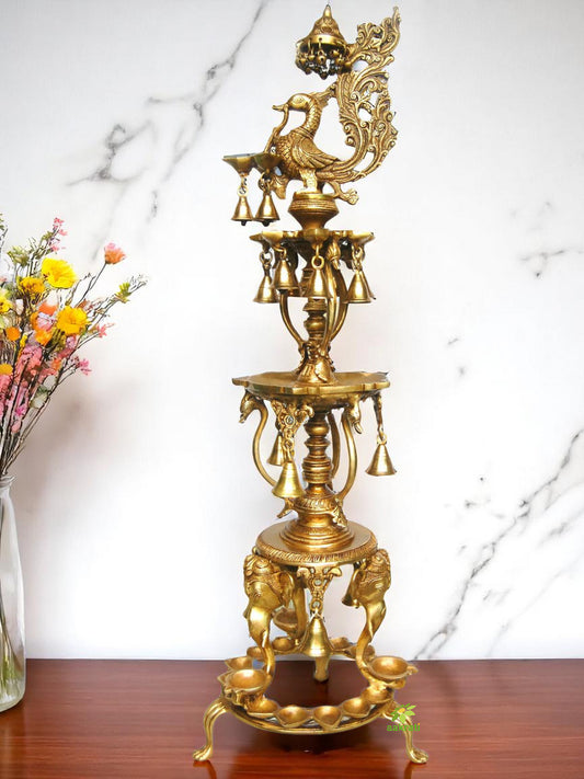 Elegant Brass Peacock Diya Stand | Premium Decor for Festivals and Special Occasions | Handcrafted Brass Peacock Oil Lamp ( Yellow, 40 inch)