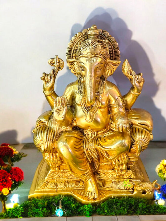 Brass Ganesha Idol | Handcrafted Elegance for Spiritual Sanctuaries | Traditional Brass Ganesha Murti ( Yellow, 10 inch)