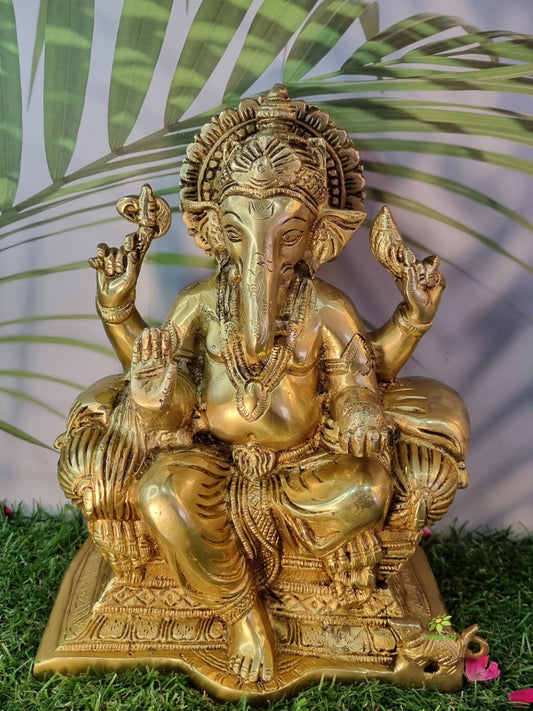Brass Ganesha Idol | Handcrafted Elegance for Spiritual Sanctuaries | Traditional Brass Ganesha Murti ( Yellow, 10 inch)