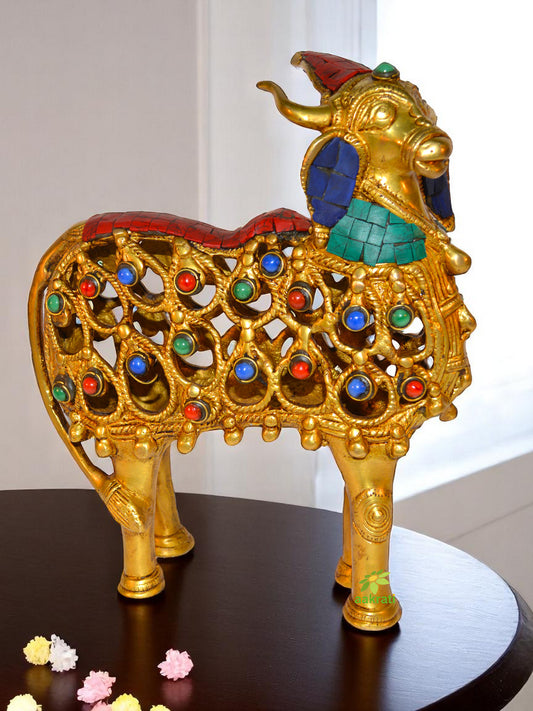 Turquoise work Brass metal Cow sculpture by Aakrati