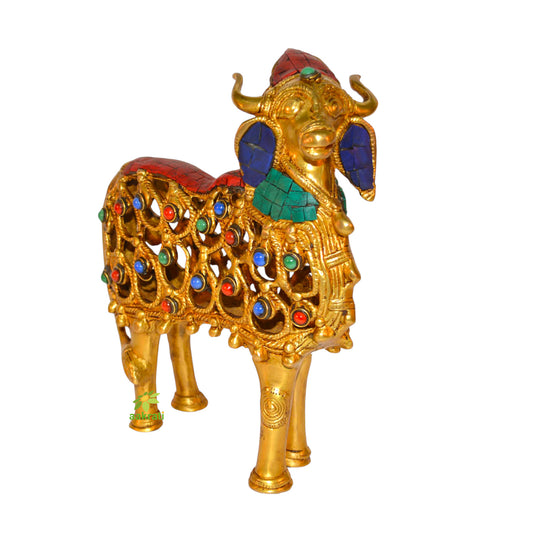 Turquoise work Brass metal Cow sculpture by Aakrati