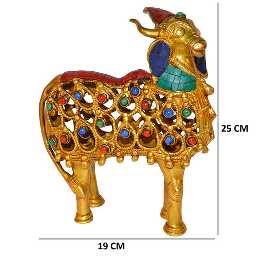 Turquoise work Brass metal Cow sculpture by Aakrati