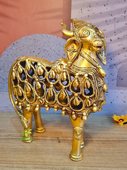 Handcrafted Brass Cow Statue | Traditional Showpiece for Spiritual and Home Temple Decor | Brass Cow Figurine ( Yellow, 10 inch)
