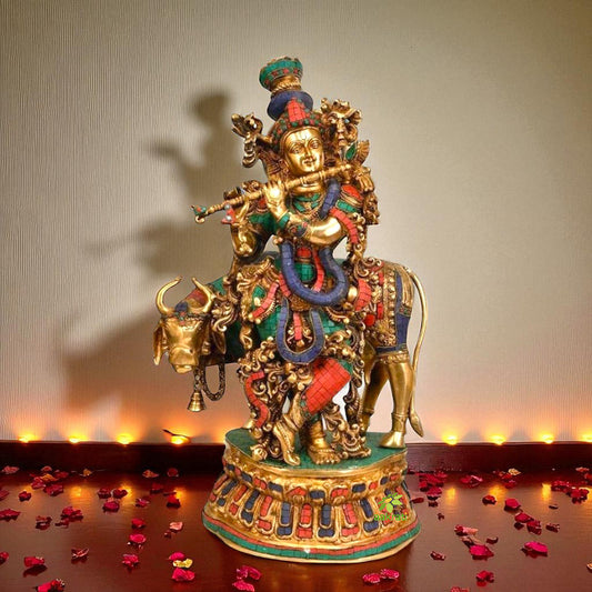 Lord Krishna Playing Flute with Cow Sculpture