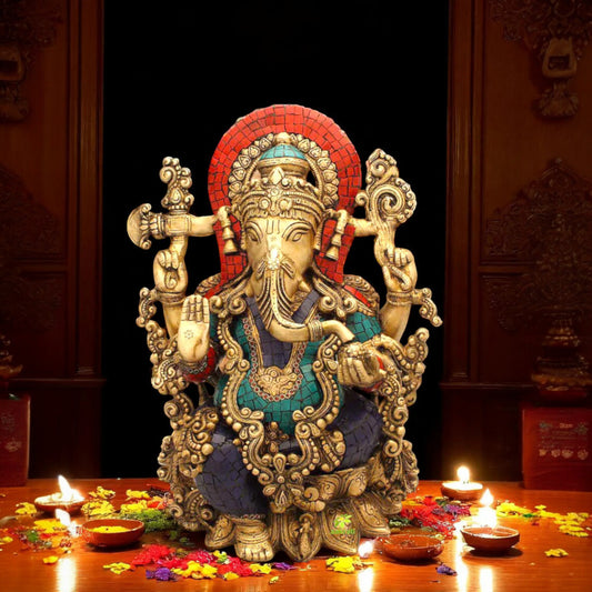 Ganesh Sculpture Turquoise Coral Stone Finish