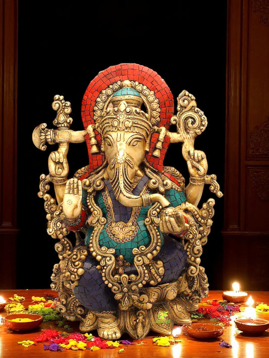 Ganesh Sculpture Turquoise Coral Stone Finish